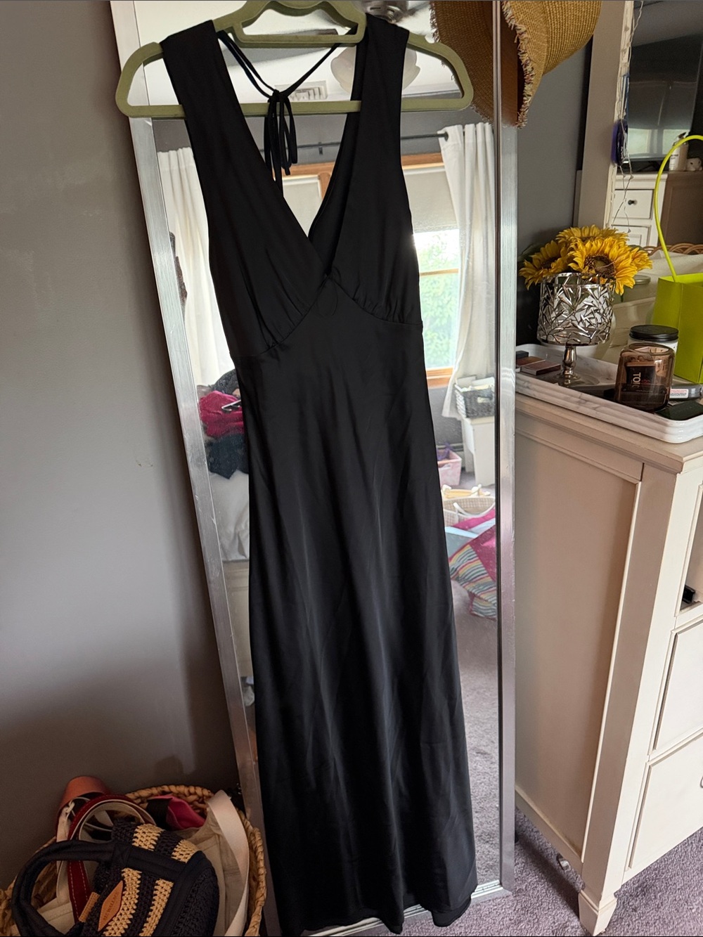 Women’s Black Maxi Dress with V-Neck, open back